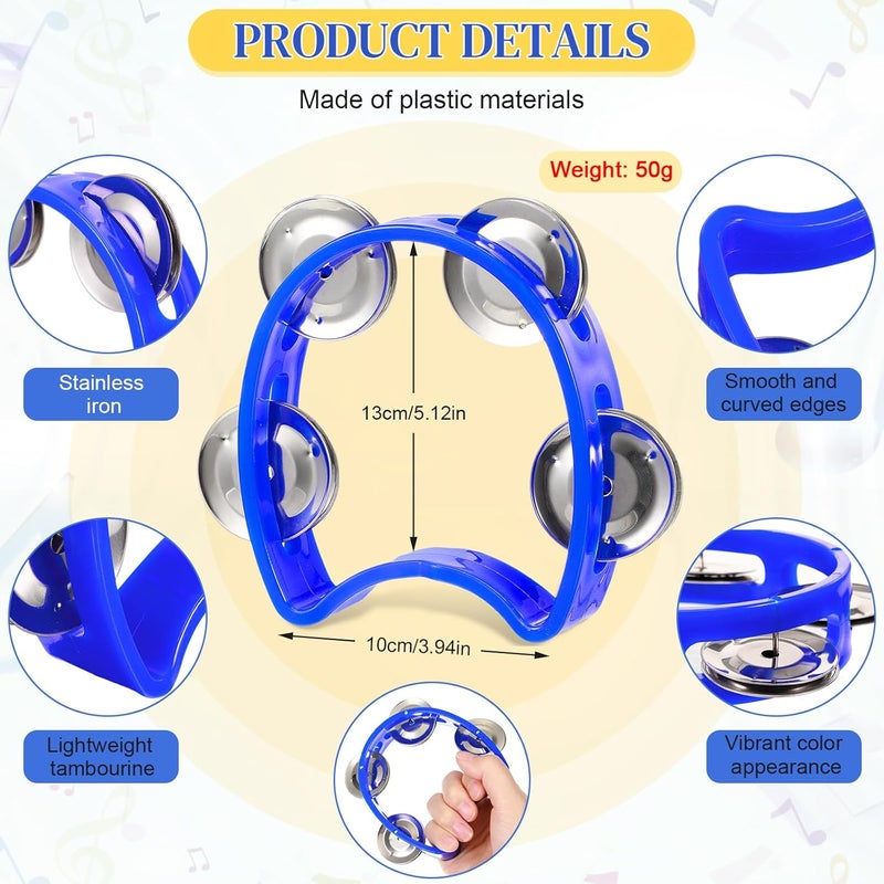 Lukmaa 12 Pcs Plastic Percussion Tambourine with 4 Bells Rhythm Musical Instruments for Adults Hand Tambourine Hand Held Percussion Drum for Party Kindergarten Family School Supplies (Blue) - Image 2